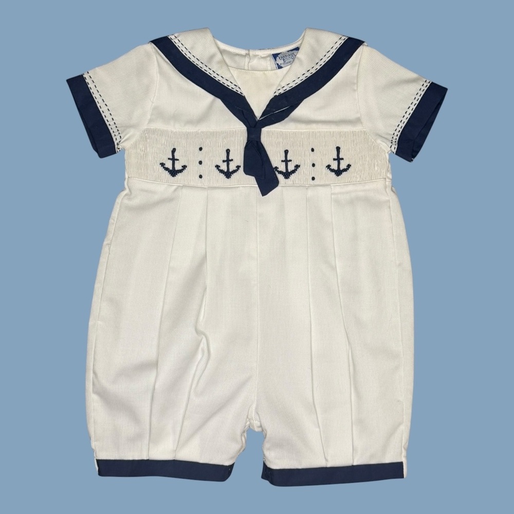 Carriage Boutique Cream and Navy Baby Romper